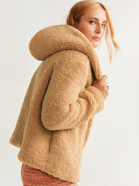 

MANGO Women Brown Solid Hooded Faux Shearling Jacket