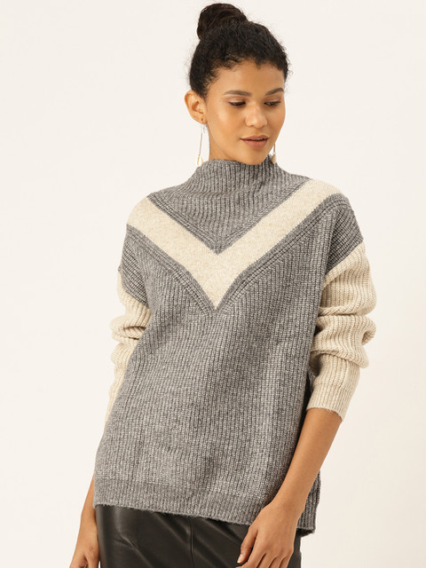 

MANGO Women Grey Colourblocked Pullover Sweater