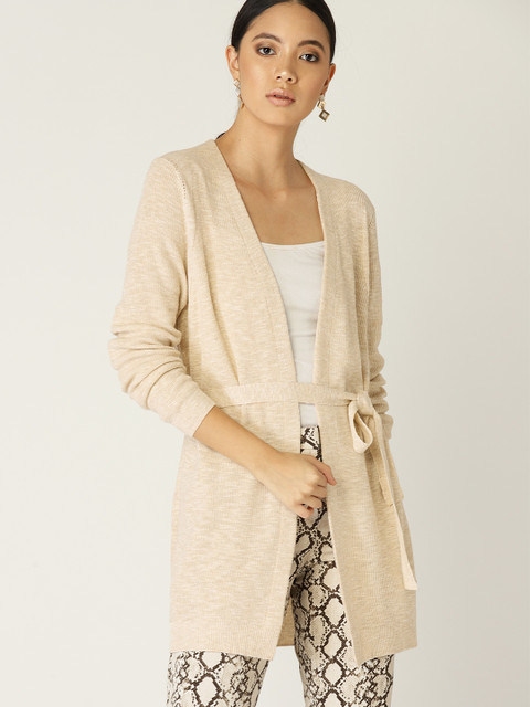 

MANGO Women Beige Solid Front Open Sweater with Belt