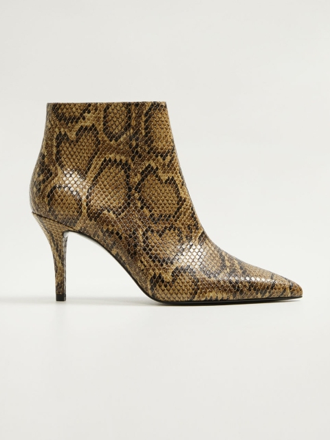 

MANGO Women Olive Brown & Coffee Brown Snakeskin Textured Mid-Top Heeled Boots