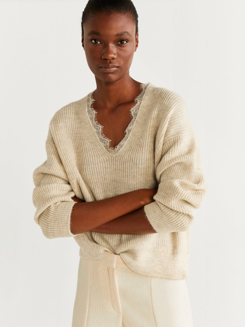 

MANGO Women Off-White Solid Pullover