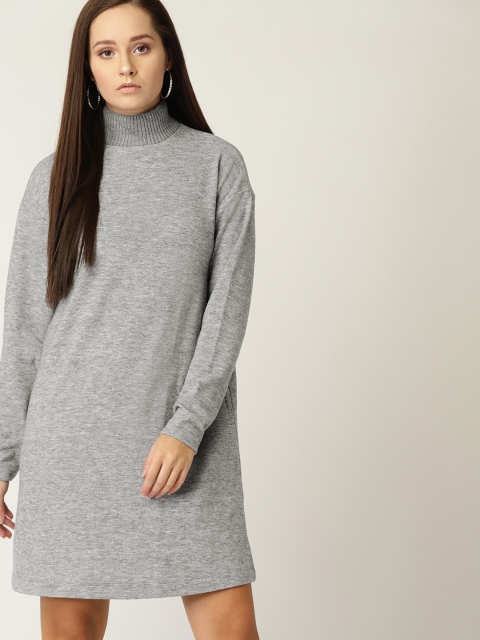 

MANGO Women Solid Grey Melange Sweater Dress