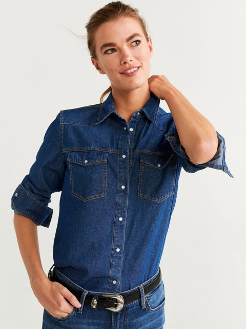 

MANGO Women Navy Blue Regular Fit Faded Denim Casual Shirt