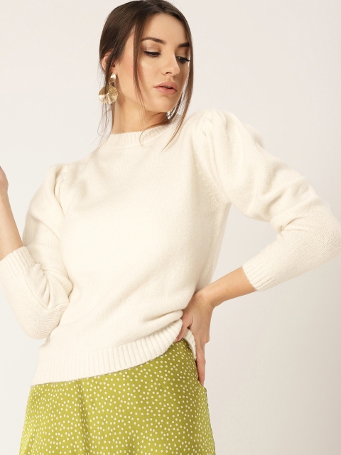 

MANGO Women Off-White Solid Pullover Sweater