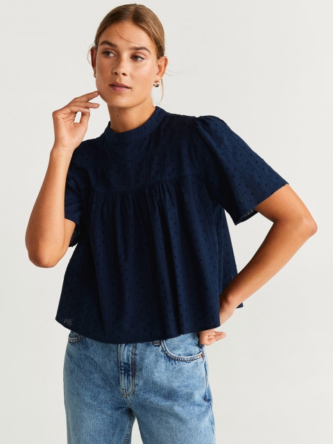 

MANGO Women Navy Blue Self-Design A-Line Top