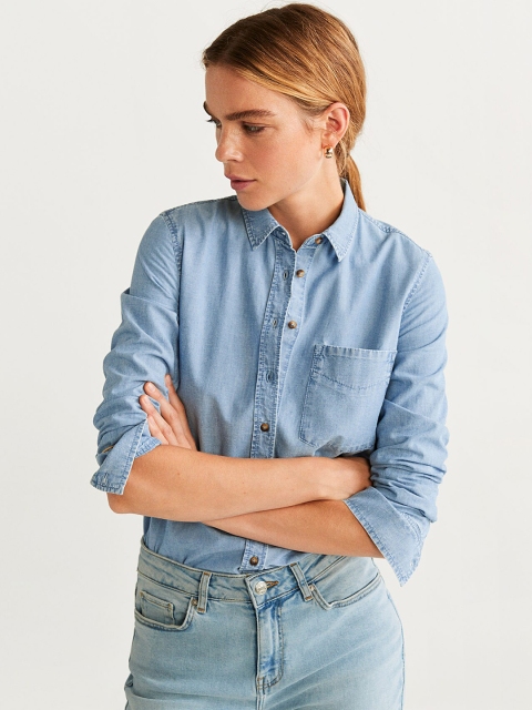 

MANGO Women Blue Regular Fit Chambray Solid Casual Shirt