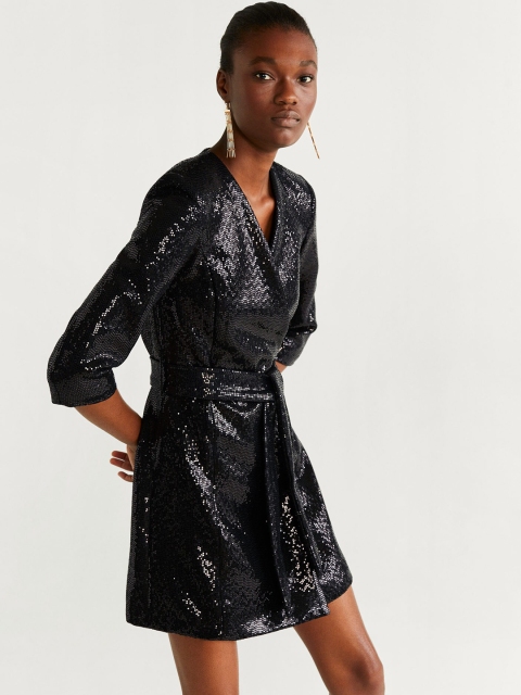 

MANGO Women Black Embellished Wrap Dress
