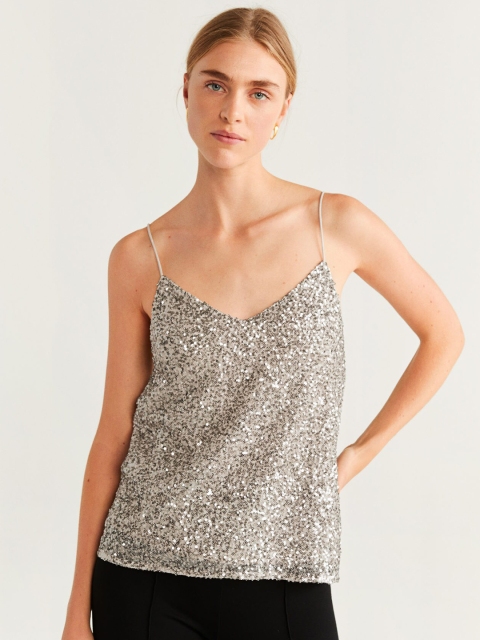 

MANGO Women Beige Sequinned Embellished Top