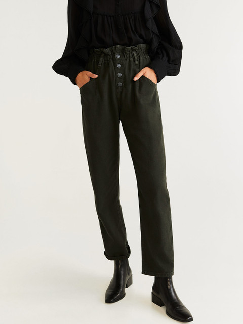 

MANGO Women Olive Green Slim-Baggy Fit High-Rise Clean Look Jeans
