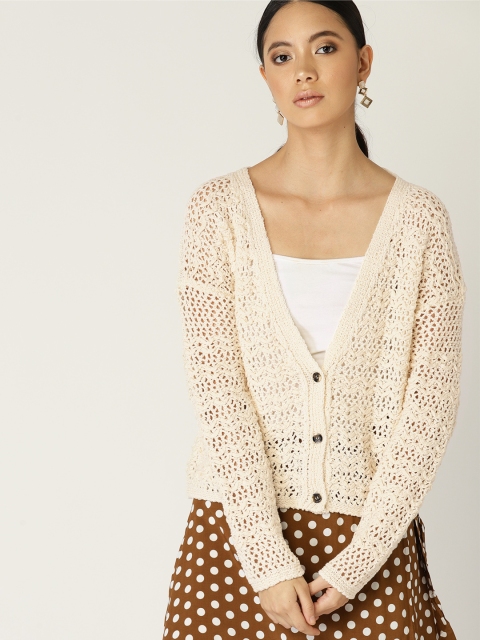 

MANGO Women Cream-Coloured Open Knit Cardigan