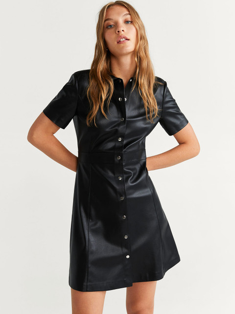 

MANGO Women Black Coated Solid Shirt Dress
