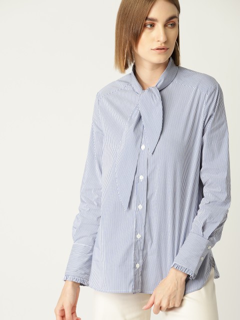 

MANGO Women Blue & White Striped Shirt Style Top