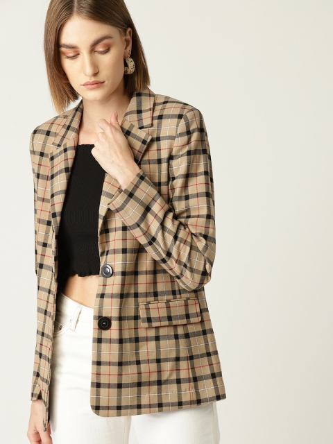 

MANGO Women Beige & Black Checked Single-Breasted Blazer