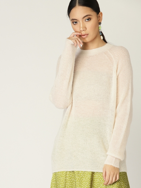

MANGO Women Off-White Solid Semi Sheer Pullover