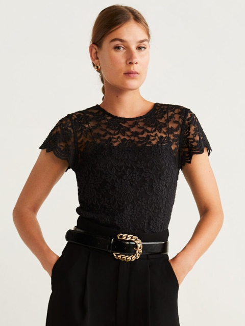 

MANGO Women Black Lace Semi-Sheer Top