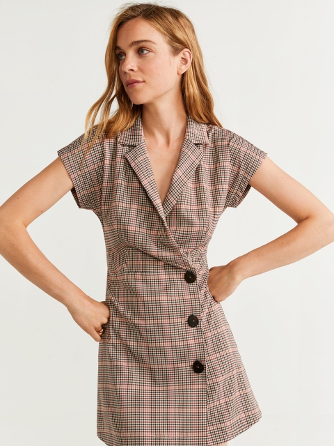 

MANGO Women Beige & Brown Checked Wrap Dress