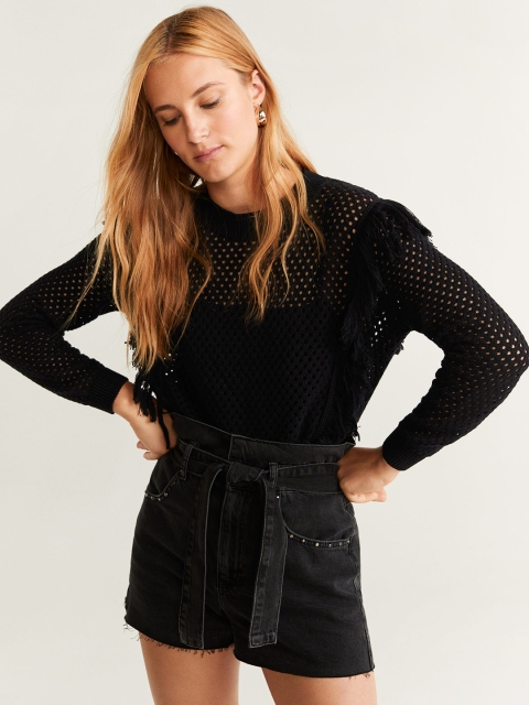 

MANGO Women Black Open Knit Semi-Sheer Pullover