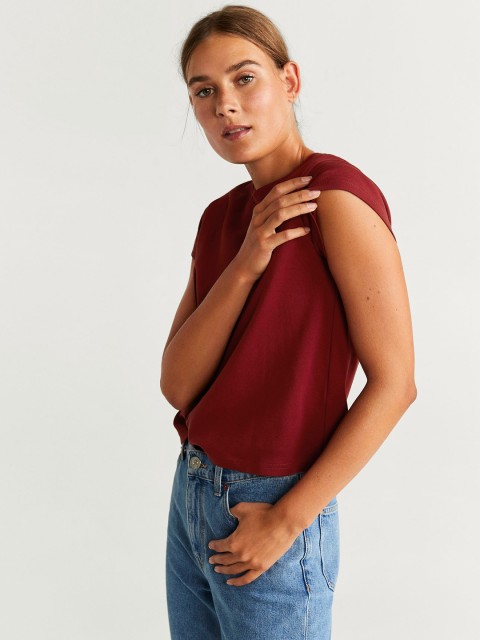 

MANGO Women Rust Red Solid Round Neck T-shirt