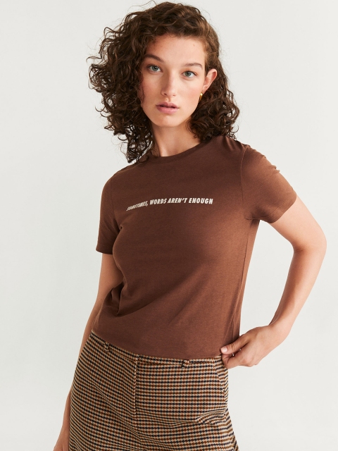 

MANGO Women Brown Solid Round Neck T-shirt