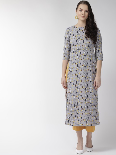 

plusS Women Grey & Yellow Printed Straight Kurta