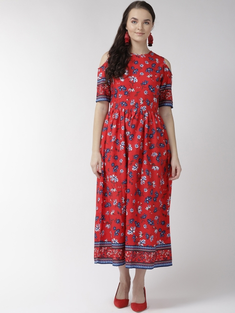 

plusS Women Red & Blue Floral Printed Cold-Shoulder Maxi Dress