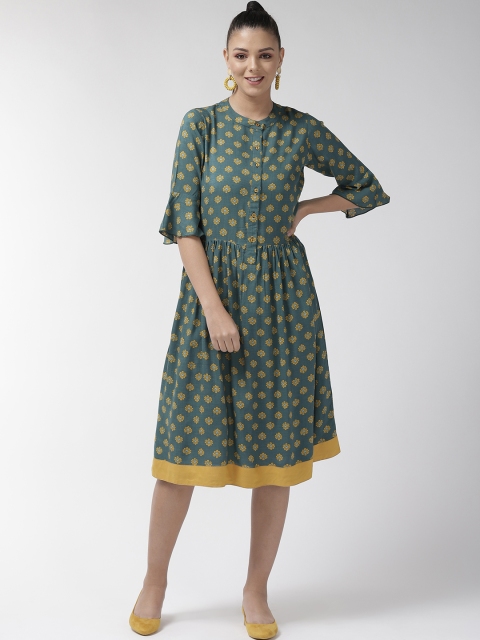 

plusS Women Green & Mustard Yellow A-Line Dress