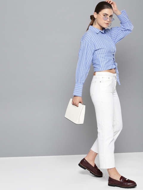 

STREET 9 Women Blue & White Regular Fit Striped Cropped Casual Shirt