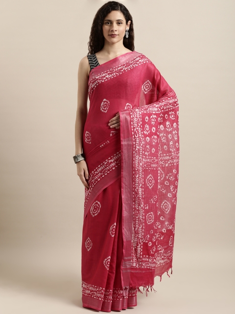 

aamna Coral Red & Off-White Cotton Blend Printed Tussar Saree