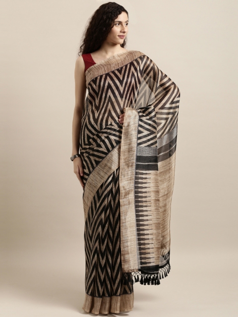 

aamna Black & Brown Cotton Blend Printed Tussar Saree