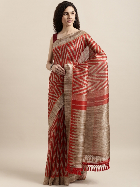 

aamna Red & Brown Cotton Blend Printed Tussar Saree