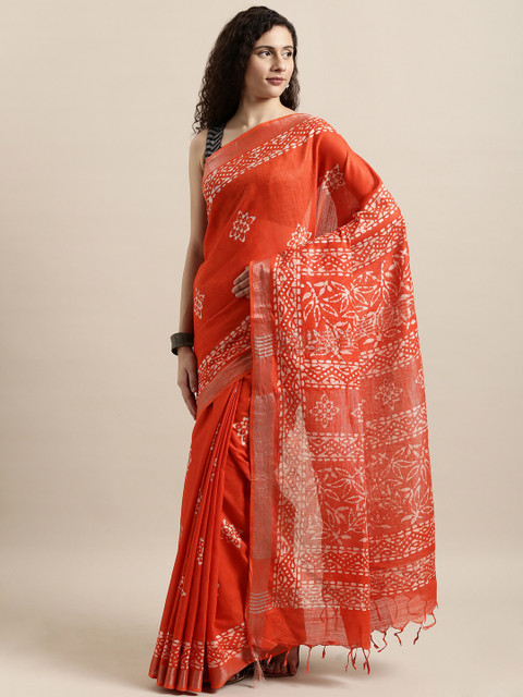 

aamna Orange Cotton Blend Printed Tussar Saree