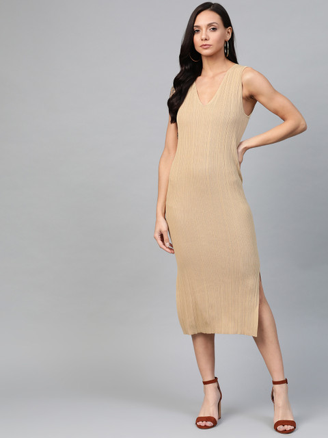 

Marks & Spencer Women Beige Ribbed Midi Bodycon Dress