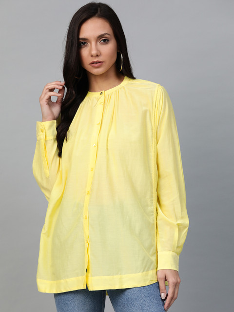 

Marks & Spencer Women Yellow Solid Loose Fit Longline Pure Cotton Shirt Style Pure Cotton Top