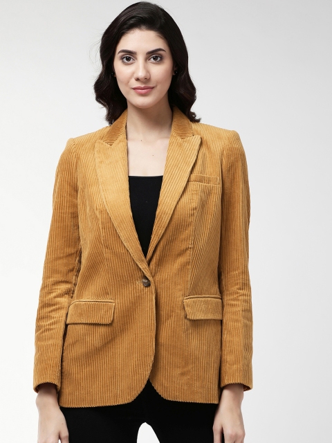 

Marks & Spencer Women Mustard Yellow Self-Striped Corduroy Single-Breasted Casual Pure Cotton Blazer