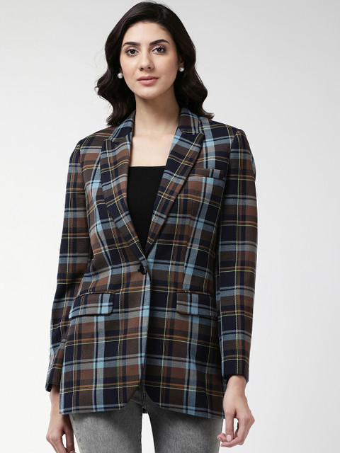 

Marks & Spencer Women Blue & Brown Checked Straight Fit Single-Breasted Casual Blazer