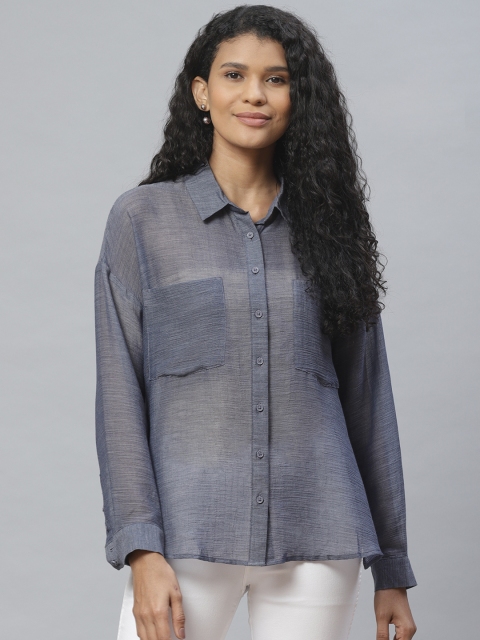 

Marks & Spencer Women Navy Blue Regular Fit Solid Semi-Sheer Casual Shirt