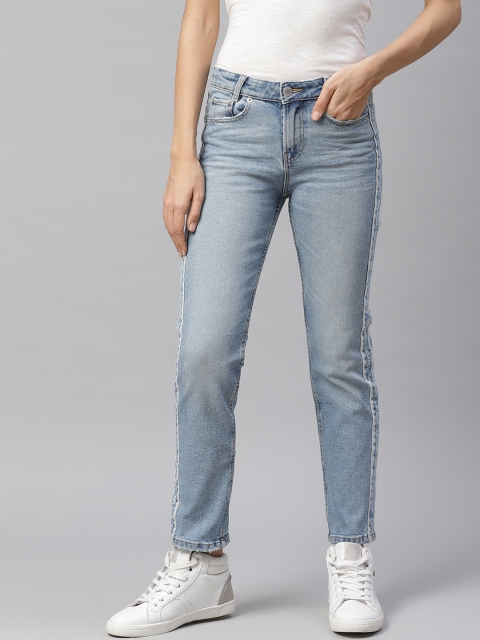 

Marks & Spencer Women Blue Straight Fit Mid-Rise Clean Look Side Striped Stretchable Jeans