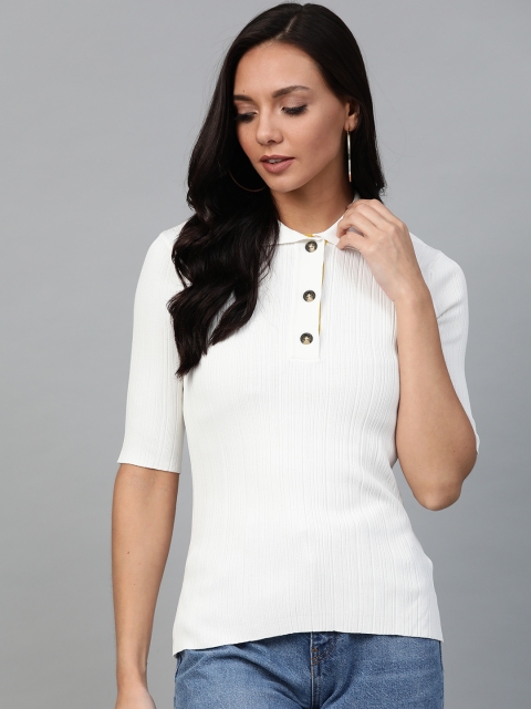 

Marks & Spencer Women White Ribbed Polo Collar T-shirt