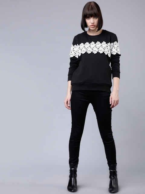 

Tokyo Talkies Women Black & White Self-Design Sweatshirt