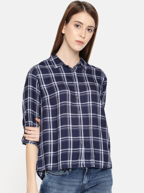 

Pepe Jeans Women Navy Blue & White Regular Fit Checked Casual Shirt