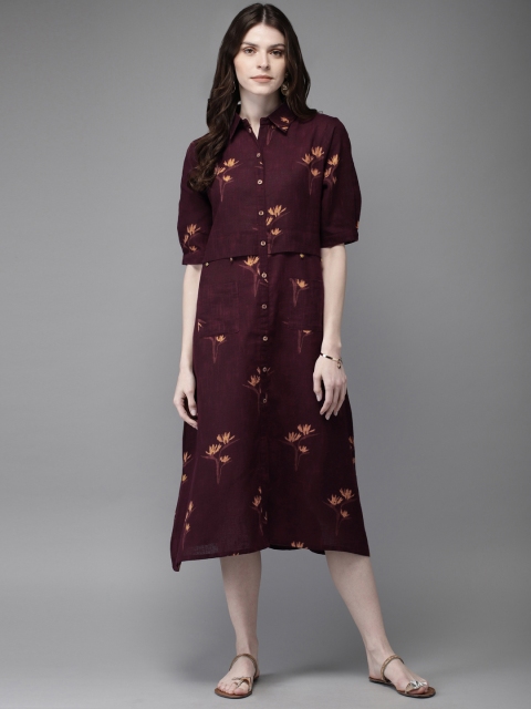 

Anouk Women Burgundy Floral Printed Shirt Dress