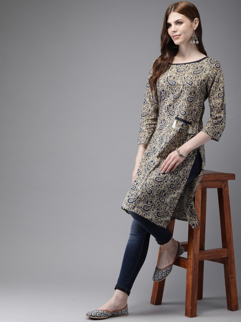 

Anouk Women Grey & Blue Printed Straight Kurta