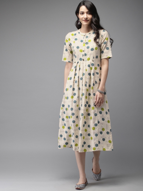 

Anouk Women Printed Off-White & Teal Blue A-Line Dress