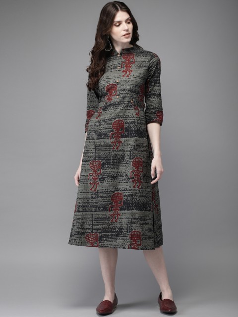 

Anouk Women Printed Grey & Black A-Line Dress