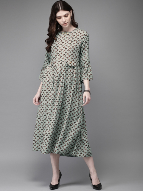 

Anouk Women Printed Sea & Rust Brown Green A-Line Dress, Sea green