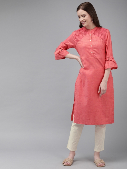 

Anouk Women Pink & Off-White Solid Kurta with Trousers & Embroidered Detailing