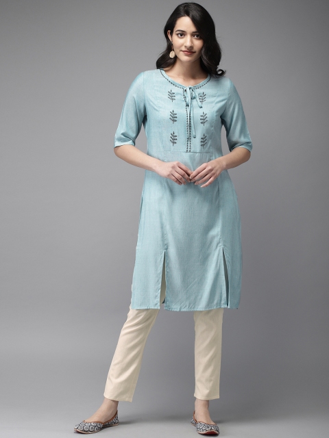 

Anouk Women Turquoise Blue Embroidered Kurta with Trousers