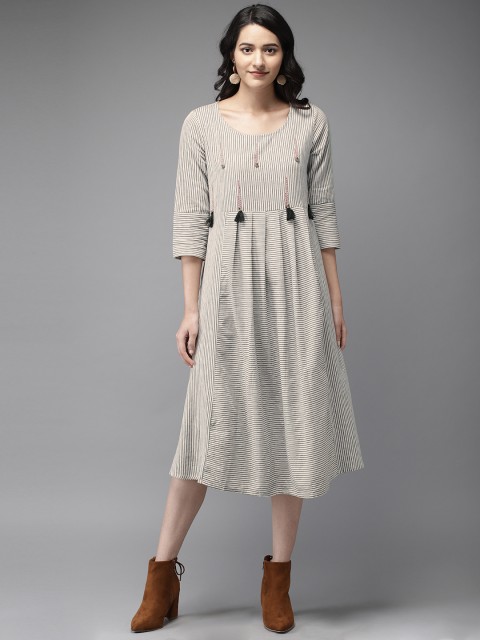 

Anouk Women Striped Off-White & Olive Green A-Line Dress