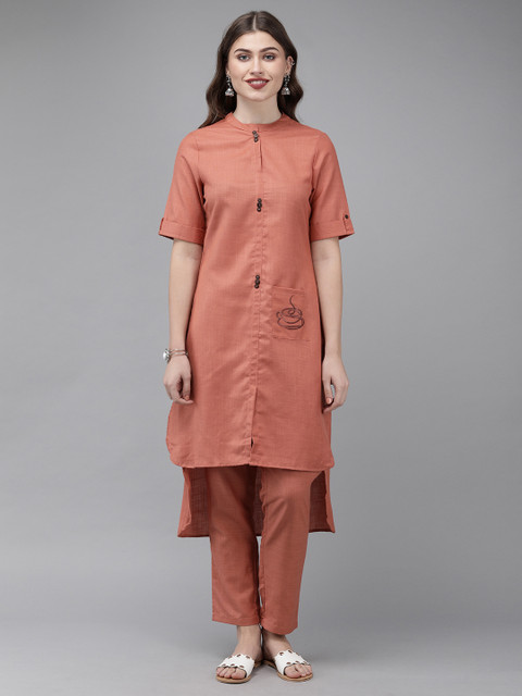 

Anouk Women Rust Orange Solid Kurta with Trousers & Embroidered Detailing
