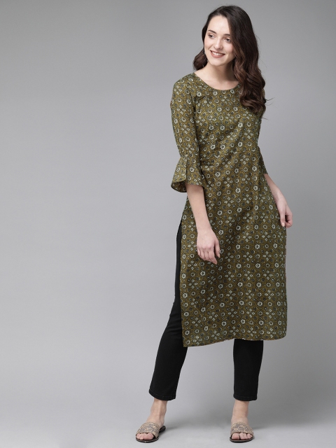 

Anouk Women Olive Green & Grey Printed Straight Kurta